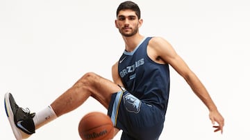 LAS VEGAS, NEVADA - AUGUST 14: Santi Aldama #7 of the Memphis Grisslies poses for a portrait during the 2021 NBA rookie photo shoot on August 14, 2021 in Las Vegas, Nevada.   Joe Scarnici/Getty Images/AFP
 == FOR NEWSPAPERS, INTERNET, TELCOS &amp; TELEVISION USE ONLY ==