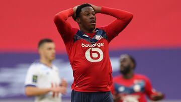 Soccer Football - Ligue 1 - Lille v RC Strasbourg - Stade Pierre-Mauroy, Lille, France - February 28, 2021 Lille&#039;s Jonathan David reacts REUTERS/Pascal Rossignol