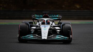 BUDAPEST, HUNGARY - JULY 30: George Russell of Great Britain driving the (63) Mercedes AMG Petronas F1 Team W13 on track during qualifying ahead of the F1 Grand Prix of Hungary at Hungaroring on July 30, 2022 in Budapest, Hungary. (Photo by Rudy Carezzevoli - Formula 1/Formula 1 via Getty Images)