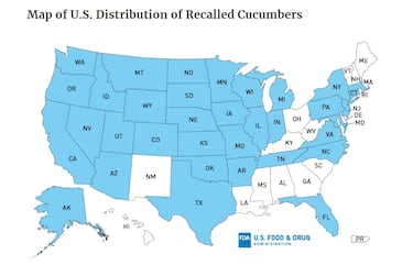 Cucumbers recalled in 19 states over salmonella risk: 68 cases reported