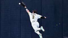 Jun 24, 2024; San Diego, California, USA; San Diego Padres center fielder Jackson Merrill (3) cannot make a catch on a RBI double hit by Washington Nationals first baseman Joey Meneses (not pictured) during the third inning at Petco Park. Mandatory Credit: Orlando Ramirez-USA TODAY Sports
