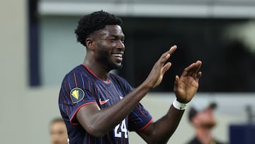 Jun 22, 2025; Arlington, Texas, USA; United States of America forward Patrick Agyemang (24) celebrates after scoring a goal against Haiti in the second half during a group stage match of the 2025 Gold Cup at AT&T Stadium. Mandatory Credit: Kevin Jairaj-Imagn Images
