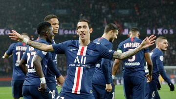 Paris Saint-Germain's Argentine midfielder Angel Di Maria celebrates after scoring a goal during the French L1 football match between Paris Saint-Germain (PSG) and Lyon (OL) at the Parc des Princes stadium in Paris, on February 9, 2020. (Photo by GEO
