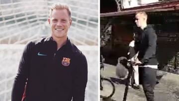 Im&aacute;genes de Marc-Andr&eacute; Ter Stegen en un entrenamiento con el FC Barcelona y montado en un patinete el&eacute;ctrico por el barrio de Gr&agrave;cia de Barcelona