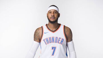 OKLAHOMA CITY, OK - SEPTEMBER 25: Carmelo Anthony #7 of the Oklahoma City Thunder poses for a photo during media day at Chesapeake Energy Arena on September 25, 2017 in Oklahoma City, Oklahoma. NOTE TO USER: User expressly acknowledges and agrees that, by downloading and/or using this photograph, user is consenting to the terms and conditions of the Getty Images License Agreement. Cooper Neill/Getty Images/AFP
== FOR NEWSPAPERS, INTERNET, TELCOS & TELEVISION USE ONLY ==