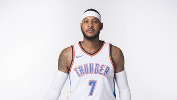 OKLAHOMA CITY, OK - SEPTEMBER 25: Carmelo Anthony #7 of the Oklahoma City Thunder poses for a photo during media day at Chesapeake Energy Arena on September 25, 2017 in Oklahoma City, Oklahoma. NOTE TO USER: User expressly acknowledges and agrees that, by downloading and/or using this photograph, user is consenting to the terms and conditions of the Getty Images License Agreement.   Cooper Neill/Getty Images/AFP
 == FOR NEWSPAPERS, INTERNET, TELCOS &amp; TELEVISION USE ONLY ==