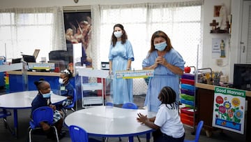 Students and teachers wearing protective masks, attend class on the first day of school, amid the coronavirus disease (COVID-19) pandemic, at St. Lawrence Catholic School in North Miami Beach, Florida, U.S. August 18, 2021. REUTERS/Marco Bello