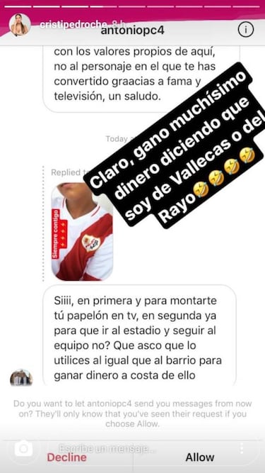 Cristina Pedroche, acusada en Instagram de 'utilizar' al Rayo Vallecano
