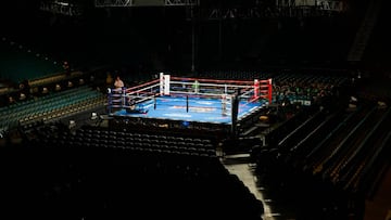 Imagen de un ring en el MGM Arena de Las Vegas antes del combate de boxeo entre Floyd Mayweather y Manny Pacquiao.