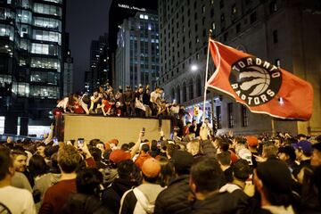 TORONTO, ON - JUNE 13: Fans celebrate a victory over the Golden State Warriors in game six of the NBA Finals on June 13, 2019 in Toronto,