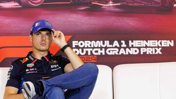 Red Bull Racing's Dutch driver Max Verstappen look on during a press conference ahead of the Formula One Grand Prix race at The Circuit Zandvoort, western Netherlands, on August 22, 2024. The Formula One Zandvoort Grand Prix race will take place on August 25, 2024. (Photo by Simon Wohlfahrt / AFP)