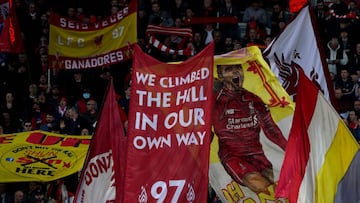 Liverpool fans inside the ground ahead of the UEFA Champions League quarter final, second leg match at Anfield, Liverpool. Picture date: Wednesday April 13, 2022. (Photo by Peter Byrne/PA Images via Getty Images)