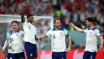 DOHA, QATAR - NOVEMBER 21: Marcus Rashford celebrates with teammates after scoring their team's fifth goal during the FIFA World Cup Qatar 2022 Group B match between England and IR Iran at Khalifa International Stadium on November 21, 2022 in Doha, Qatar. (Photo by Eddie Keogh - The FA/The FA via Getty Images)