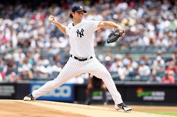 NEW YORK, NEW YORK - JULY 17: Gerrit Cole #45 of the New York Yankees delivers a pitch in the first inning against the Boston Red Sox at Yankee Stadium on July 17, 2022 in the Bronx borough of New York City.   Elsa/Getty Images/AFP
