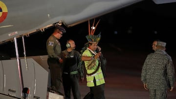 A member of the indigenous Taita community walks at CATAM military airbase on the day the child survivors of a Cessna 206 plane that crashed in thick jungle were brought in by plane from San Jose del Guaviare, in Bogota, Colombia, June 10, 2023. REUTERS/Luisa Gonzalez