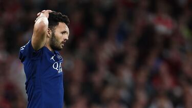 Paris Saint-Germain's Portuguese forward #09 Goncalo Ramos reacts during the UEFA Champions League Semi-final First Leg football match between Arsenal and Paris Saint-Germain (PSG) at the Emirates Stadium in north London, on April 29, 2025. (Photo by FRANCK FIFE / AFP)