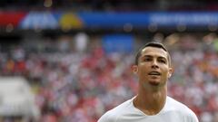 Portugal&#039;s forward Cristiano Ronaldo smiles during the Russia 2018 World Cup Group B football match between Portugal and Morocco at the Luzhniki Stadium in Moscow on June 20, 2018. / AFP PHOTO / YURI CORTEZ / RESTRICTED TO EDITORIAL USE - NO MOBILE PUSH ALERTS/DOWNLOADS