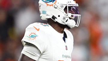 CLEVELAND, OHIO - DECEMBER 29: Tyler Huntley #18 of the Miami Dolphins celebrates a touchdown during the third quarter against the Cleveland Browns at Huntington Bank Field on December 29, 2024 in Cleveland, Ohio. Nick Cammett/Getty Images/AFP (Photo by Nick Cammett / GETTY IMAGES NORTH AMERICA / Getty Images via AFP)