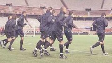 <b>ÚLTIMAS OPCIONES. </b>El Vitoria de Guimaraes se entrenó ayer en la hierba del Sánchez Pizjuán, que luce un buen aspecto.