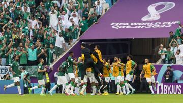 Team Arabia celebration during the World Cup match between Argentina v Saudi Arabia, in Lusail, Qatar, on November 22, 2022. (Photo by Foto Olimpik/NurPhoto via Getty Images)