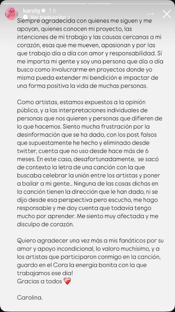 Comunicado Karol G - Instagram Oficial