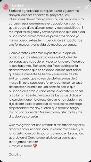 Karol G pide perdón por su nueva y polémica canción: “Me siento afectada y me disculpo de corazón”