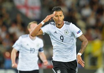 Davie Selke of Germany celebrates scoring his side's first goal during the UEFA European Under-21 Championship Group C match against Denmark.