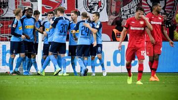 Leverkusen (Germany), 02/11/2019.- Moenchengladbach's Marcus Thuram (2-L) celebrates with his teammates after scoring the 2-1 lead during the German Bundesliga soccer match between Bayer Leverkusen and Borussia Moenchengladbach in Leverkusen, Germany