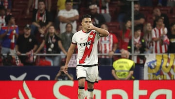 MADRID, SPAIN - OCTOBER 18: Radamel Falcao of Rayo Vallecano celebrates after scoring a goal after shooting a penalty goal during La Liga week 10 soccer match between Atletico Madrid and Rayo Vallecano at Metropolitano Stadium in Madrid, Spain on October 18, 2022. (Photo by Burak Akbulut/Anadolu Agency via Getty Images)