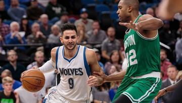 Nov 21, 2016; Minneapolis, MN, USA; Minnesota Timberwolves guard Ricky Rubio (9) dribbles in the first quarter against the Boston Celtics center Al Horford (42) at Target Center. Mandatory Credit: Brad Rempel-USA TODAY Sports