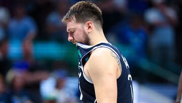 May 28, 2024; Dallas, Texas, USA; Dallas Mavericks guard Luka Doncic (77) reacts during the fourth quarter against the Minnesota Timberwolves during game four of the western conference finals for the 2024 NBA playoffs at American Airlines Center. Mandatory Credit: Kevin Jairaj-USA TODAY Sports
