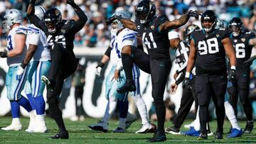 JACKSONVILLE, FL - DECEMBER 18: Jacksonville Jaguars defensive end Arden Key (49) and Jacksonville Jaguars linebacker Josh Allen (41) react after a play during the game between the Dallas Cowboys and the Jacksonville Jaguars on December 18, 2022 at tIAA Bank Field in Jacksonville, Fl. (Photo by David Rosenblum/Icon Sportswire via Getty Images)