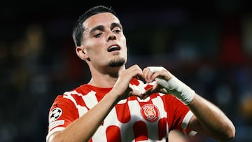 GIRONA, SPAIN - OCTOBER 22: Miguel Gutierrez of Girona FC celebrates scoring his team's first goal during the UEFA Champions League 2024/25 League Phase MD3 match between Girona FC and SK Slovan Bratislava at Montilivi Stadium on October 22, 2024 in Girona, Spain. (Photo by Alex Caparros/Getty Images)