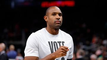 ATLANTA, GEORGIA - NOVEMBER 4: Al Horford #42 of the Boston Celtics wears a T-shirt supporting voting prior to the game against the Atlanta Hawks at State Farm Arena on November 4, 2024 in Atlanta, Georgia. NOTE TO USER: User expressly acknowledges and agrees that, by downloading and or using this photograph, User is consenting to the terms and conditions of the Getty Images License Agreement. Todd Kirkland/Getty Images/AFP (Photo by Todd Kirkland / GETTY IMAGES NORTH AMERICA / Getty Images via AFP)