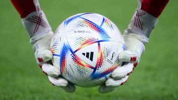 DOHA, QATAR - DECEMBER 02: A detailed view of the adidas ‘Al Rihla’ official match ball prior to the FIFA World Cup Qatar 2022 Group G match between Serbia and Switzerland at Stadium 974 on December 02, 2022 in Doha, Qatar. (Photo by Laurence Griffiths/Getty Images)