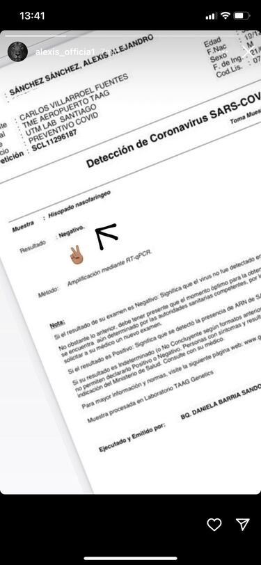 Alexis tranquiliza a la Roja y sube su examen PCR