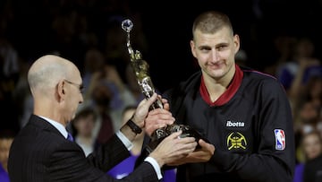 DENVER, COLORADO - MAY 14: NBA Commissioner Adam Silver presents Nikola Jokic #15 of the Denver Nuggets with the Michael Jordan MVP trophy prior to Game Five of the Western Conference Second Round Playoffs against the Minnesota Timberwolves at Ball Arena on May 14, 2024 in Denver, Colorado. NOTE TO USER: User expressly acknowledges and agrees that, by downloading and or using this photograph, User is consenting to the terms and conditions of the Getty Images License Agreement. Matthew Stockman/Getty Images/AFP (Photo by MATTHEW STOCKMAN / GETTY IMAGES NORTH AMERICA / Getty Images via AFP)