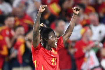 Spain's midfielder #17 Nico Williams celebrates scoring his team's third goal during the UEFA Euro 2024 round of 16 football match between Spain and Georgia at the Cologne Stadium in Cologne on June 30, 2024. (Photo by Kirill KUDRYAVTSEV / AFP)