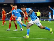 Soccer Football - Serie A - Napoli v Lecce - Stadio Diego Armando Maradona, Naples, Italy - March 14, 2026 Napoli's Matteo Politano celebrates scoring their second goal REUTERS/Ciro De Luca