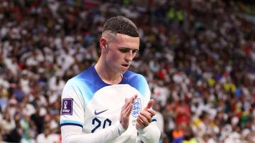 AL KHOR, QATAR - DECEMBER 04: Phil Foden of England applauds the fans as they are substituted off during the FIFA World Cup Qatar 2022 Round of 16 match between England and Senegal at Al Bayt Stadium on December 04, 2022 in Al Khor, Qatar. (Photo by Julian Finney/Getty Images)
