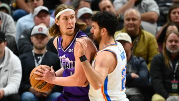 Kelly Olynyk #41 of the Utah Jazz posts up against Vasilije Micic #29 of the Oklahoma City Thunder during the second half of a game at Delta Center on February 06, 2024 in Salt Lake City, Utah.