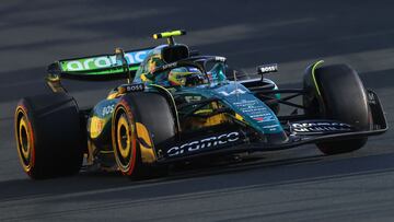 Aston Martin's Spanish driver Fernando Alonso drives during the first practice session of the Saudi Arabian Formula One Grand Prix at the Jeddah Corniche Circuit in Jeddah on March 7, 2024. (Photo by Joseph EID / AFP)