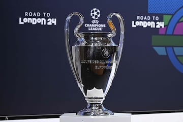 This photograph taken on December 18, 2023, shows the UEFA Champions League cup ahead of the 2023-2024 UEFA Champions League football tournament round of 16 draw at the House of European Football in Nyon. (Photo by Fabrice COFFRINI / AFP)