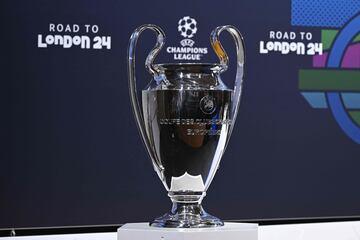 This photograph taken on December 18, 2023, shows the UEFA Champions League cup ahead of the 2023-2024 UEFA Champions League football tournament round of 16 draw at the House of European Football in Nyon. (Photo by Fabrice COFFRINI / AFP)