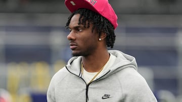 Apr 24, 2024; Detroit, MI, USA; LSU Tigers receiver Malik Nabers at the Play Football Prospect Clinic at The Corner Ballpark. Mandatory Credit: Kirby Lee-USA TODAY Sports