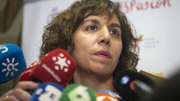 La secretaria de Estado para el Deporte, Irene Lozano, atiende a los medios tras la presentación de la primera bandera verde del deporte español en el Consejo Superior de Deportes.
