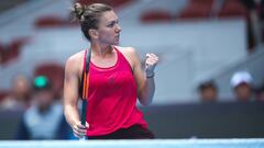 BEIJING, CHINA - OCTOBER 06:  Simona Halep of Romania celebrates a point  during the Women&#039;s singles Quarterfinals match against Daria Kasatkina of Russia on day seven of 2017 China Open at the China National Tennis Centre on October 6, 2017 in Beiji