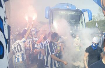 Real Sociedad fans cheer the team on their way down to Seville for the Copa del Rey final.
