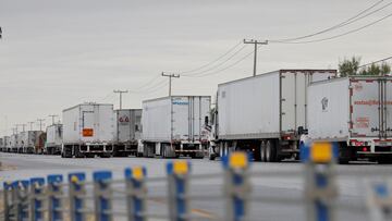 Trucks wait in line to cross into the United States near the border customs control at the World Trade Bridge, in Nuevo Laredo, Mexico, November 26, 2024. REUTERS/Daniel Becerril