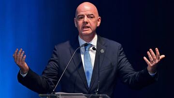 FIFA President Gianni Infantino speaks during the 70th Ordinary Congress of the CONMEBOL in Rio de Janeiro, Brazil, on April 10, 2019. - The Copa America will be held in Argentina and Colombia, CONMEBOL announced on Tuesday, marking the first time in the 